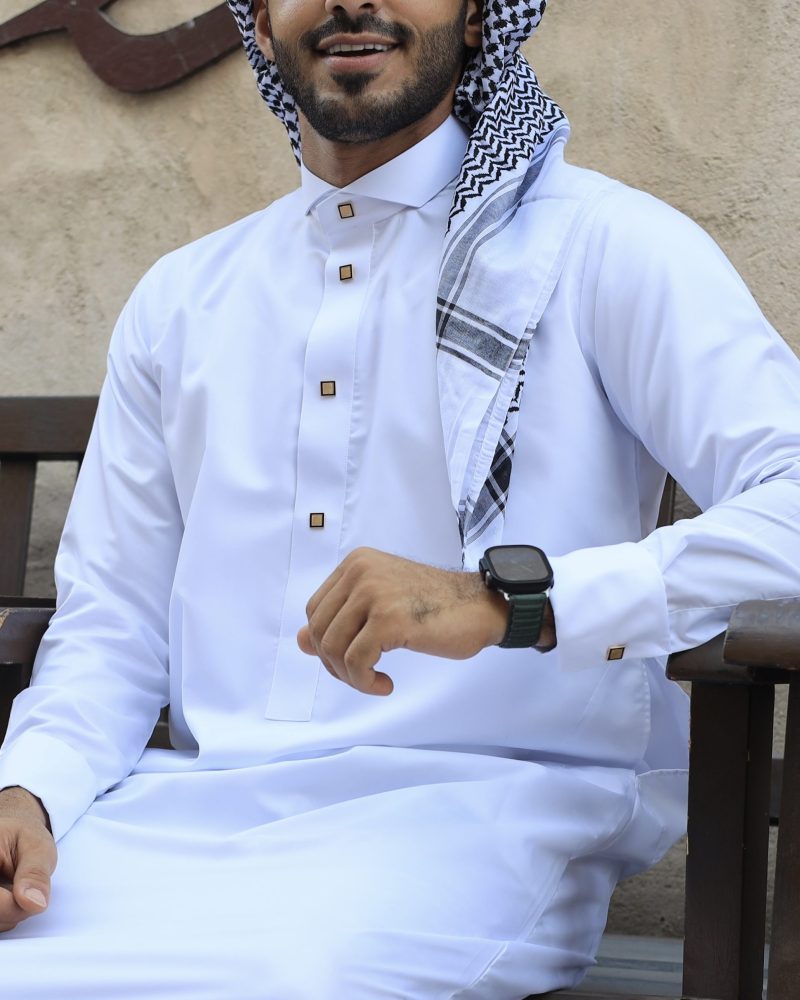 White Thobe With Gold Buttons – men's collar thobe by Al Aniq