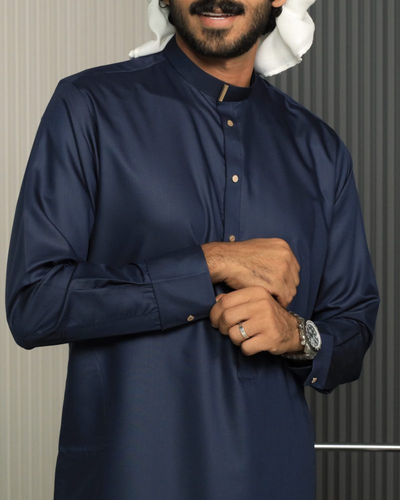 Midnight Blue Collar Thobe With Gold Buttons by Al Aniq