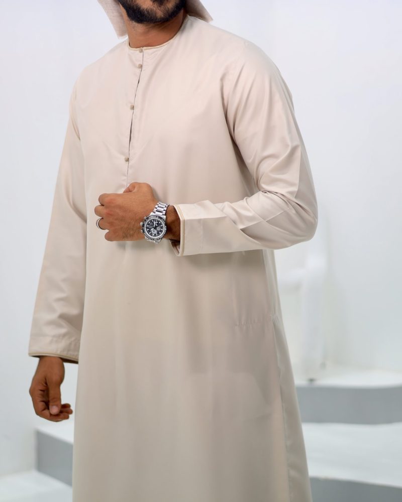 #M86 | Beige Emirati Thobe With Embroidery