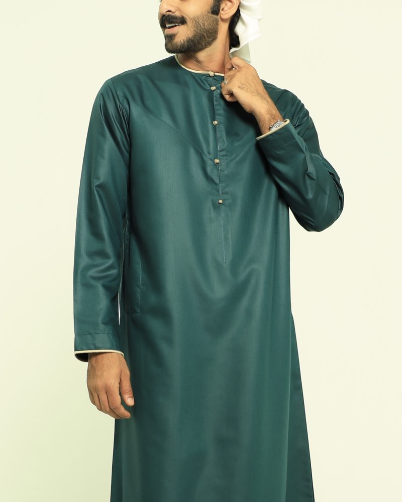 #M120 | Green Emirati Thobe With Gold Embroidery